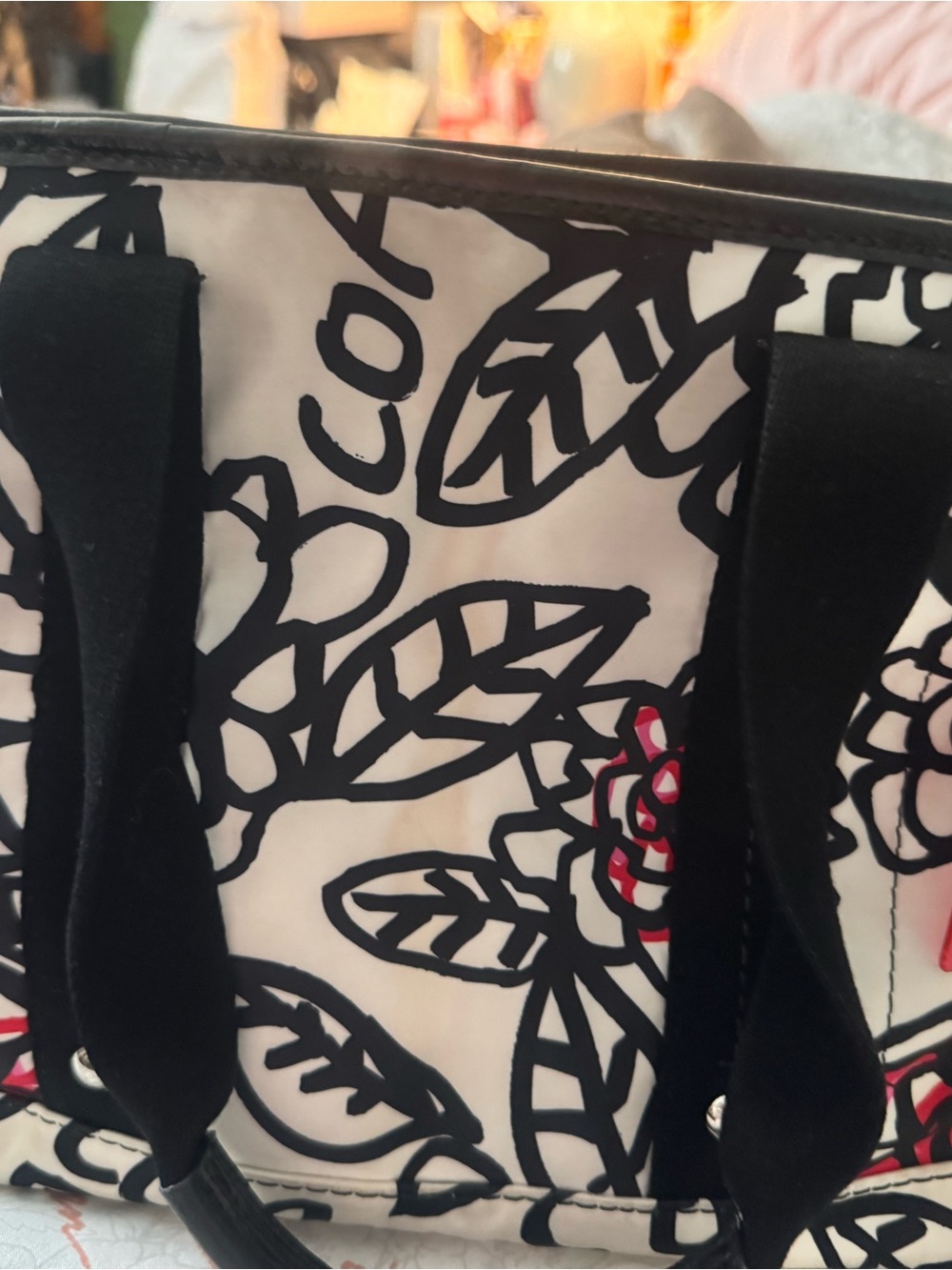 Coach Black & White Floral Satchel with Pink Accents
